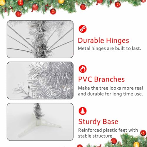 Silver Artificial Christmas Tree 6ft Tinsel Holiday Tree with 550 Tips - Indoor & Outdoor Decor