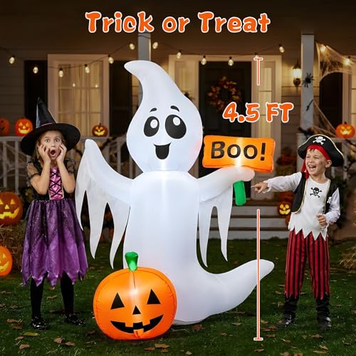 4.5FT Halloween Inflatable Ghost with LED Lights and Pumpkins - Outdoor Decoration