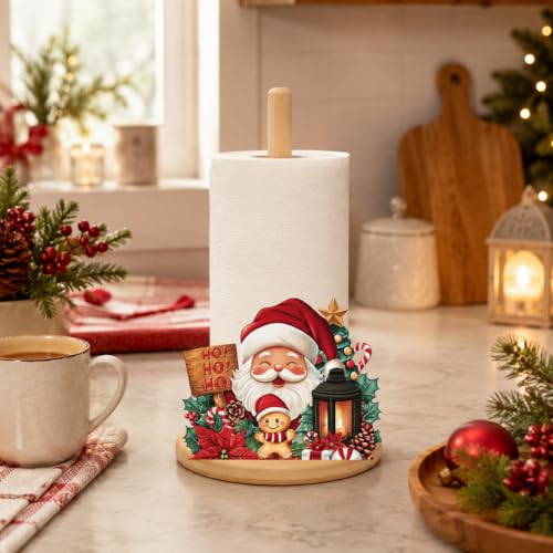 Rustic Bamboo Paper Towel Holder with 11 Seasonal Holiday Signs - Kitchen Decor