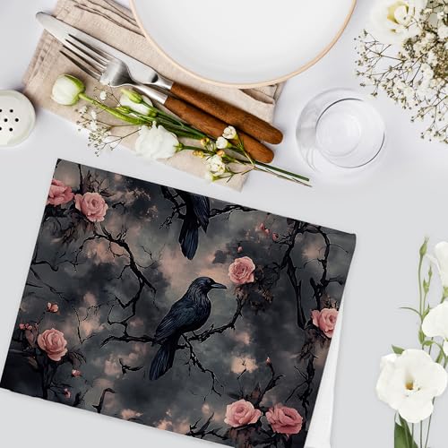 Dark Moody Raven Crow Kitchen Towels - Gothic Floral Hand Dish Towels, 16x24 Inch
