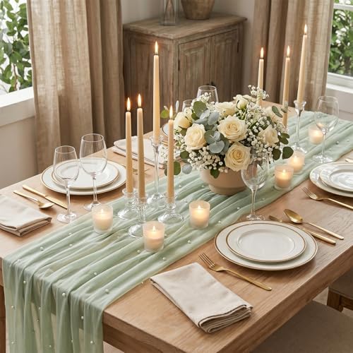 Pearl White Gauze Table Runner 120 Inch with Studded Pearls for Wedding & Party - Light Green Variation