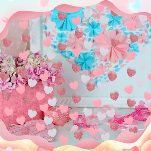 Pink White Heart Valentine Confetti - 200 Pieces Glitter Heart Shaped Decor