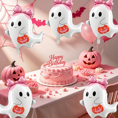 Pink Ghost Balloons Kit with Bow for Halloween Party Decorations - Set of 5