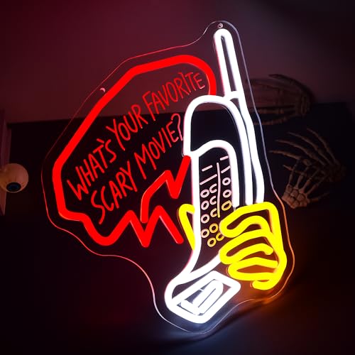 LED Neon Sign - What's Your Favorite Scary Movie? Wall Decor Dimmable Orange & White