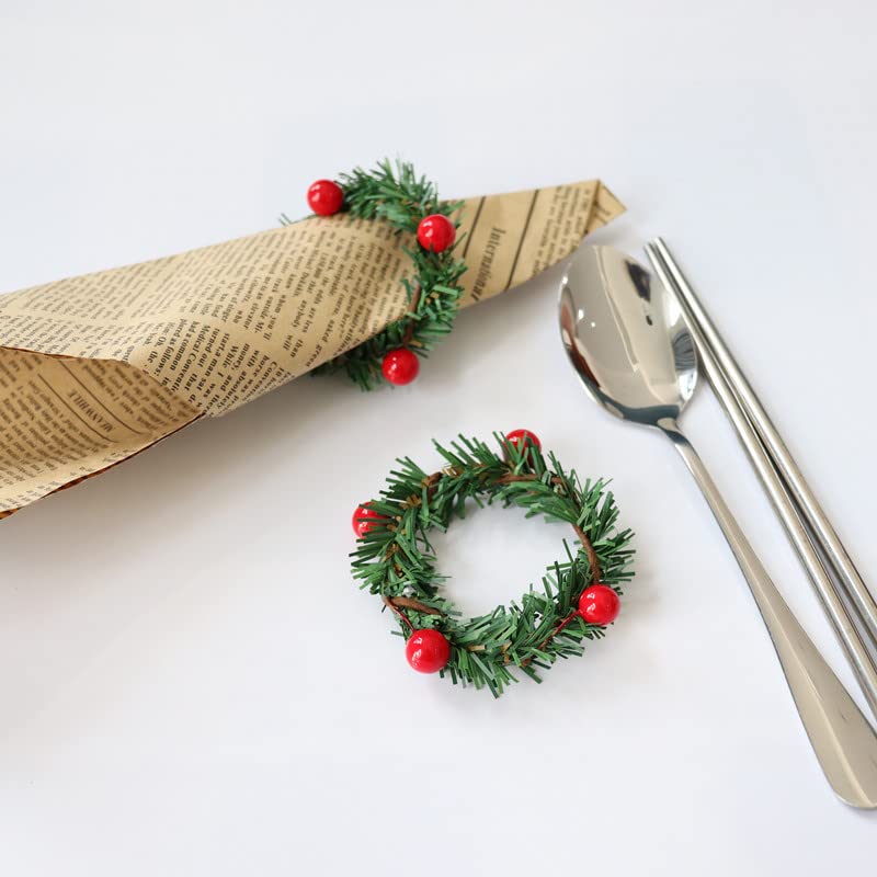 12Pcs Christmas Napkin Rings Pine Needle & Red Fruit Flower Holiday Decor