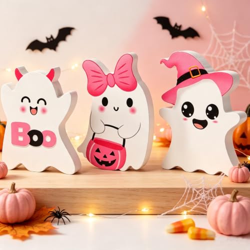 Pink Ghost Halloween Decor - 3 Pcs Wooden Table Centerpieces, Tiered Tray Signs