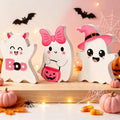 Pink Ghost Halloween Decor - 3 Pcs Wooden Table Centerpieces, Tiered Tray Signs