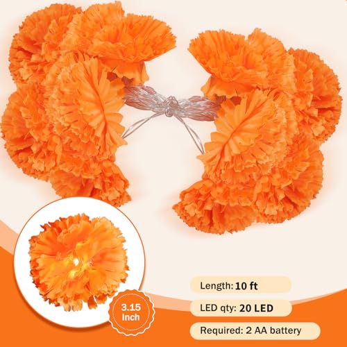 3 Pack LED Marigold Garland String Lights - 10 Ft 20 LEDs for Day of the Dead Halloween Diwali