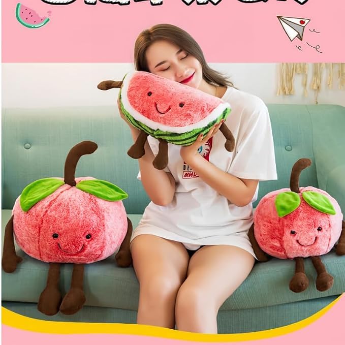 Cute Watermelon Plush Toy - Cherry Variation, Soft Stuffed Fruit Pillow, 13.7 Inch Gift for Kids