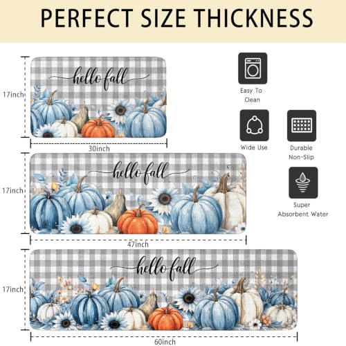 Fall Blue Pumpkin Kitchen Rugs Runner Set of 3 - 1.5x2.5 ft, Non-Slip Fall Decor