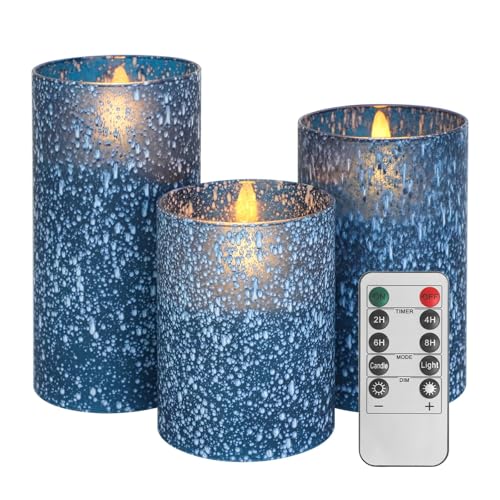 Raindrops Blue Flameless Candles with Remote Control - Real Wax Glass Battery Operated Set