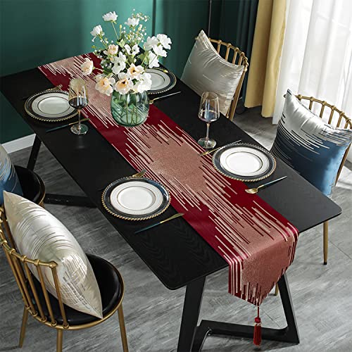 Red Faux Silk Table Runner 13x120 Inches with Tassels - Modern Geometric Design