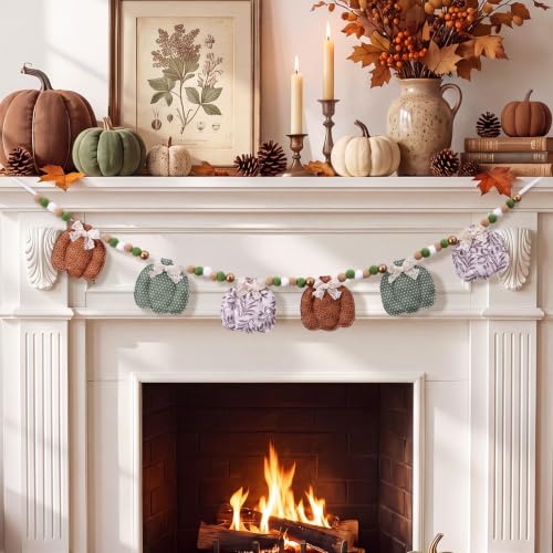 Fall Fabric Pumpkin Garland 8.2 ft - Orange, Green & Beige with Lace Bows