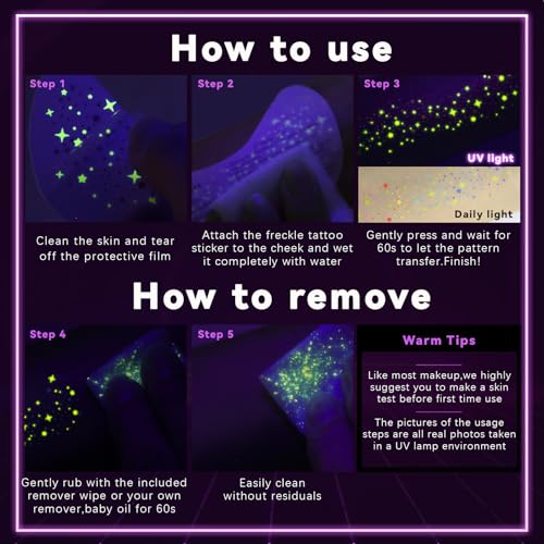 Rainbow UV Glow Freckles Tattoo Set A for Party & Night Events