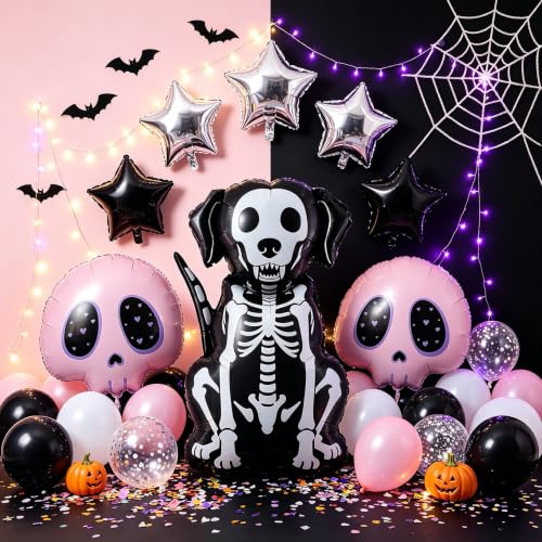 Halloween Skeleton Dog Foil Balloons Set - Pink Skull & Star Decorations