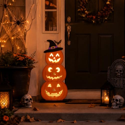 Orange LED Pumpkin Decor with Spooky Sound & Lights - Halloween Porch Sign