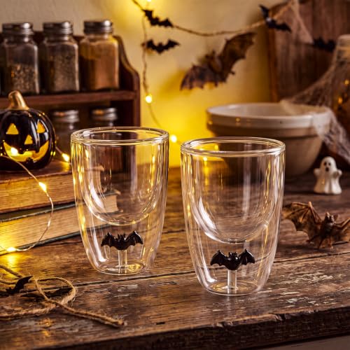 Qinyoung 2 Pcs Halloween Bat Wine Glass Set - Double Wall Stemless Drinkware - Bat Variation