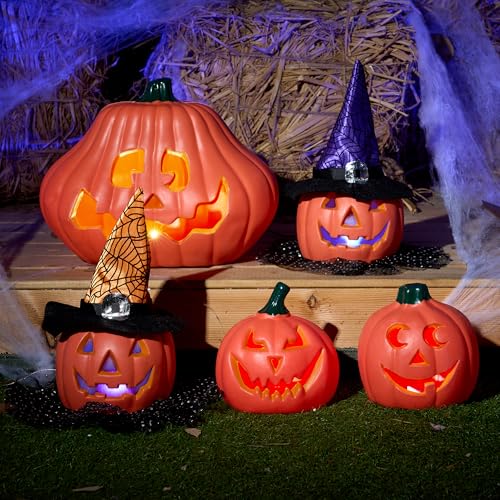 Halloween Pumpkin Decorations Set - Light-Up Plastic Jack O' Lanterns for Indoor Outdoor Display