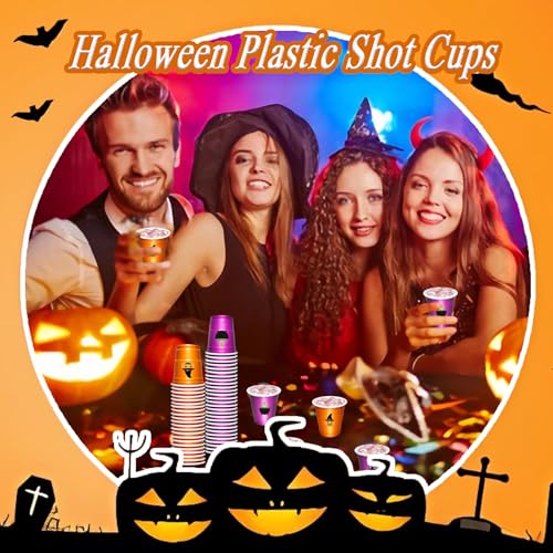 Halloween Plastic Shot Glasses Set - 100 Disposable Mini Cups with Pumpkin & Cat Designs
