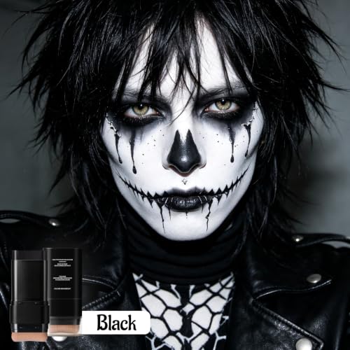 Black Dual-Ended Face & Body Paint Stick with Brush - Full Coverage Makeup for Cosplay & Halloween - Variation #01 Black