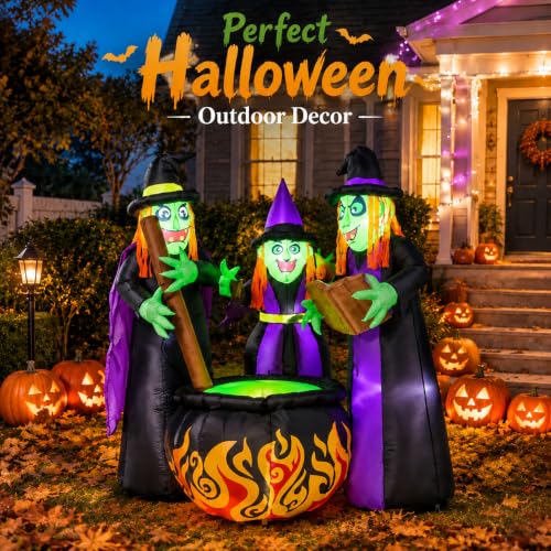 6 FT Halloween Inflatable Witch Scene - Black Witches Around Cauldron with Built-in LED Lights Outdoor Decorations