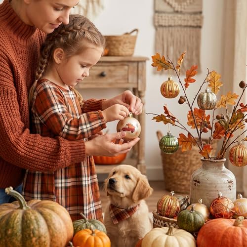 Fall Pumpkin Ornaments Set - 12 Shatterproof Harvest Tree Decorations 1.97 Inch