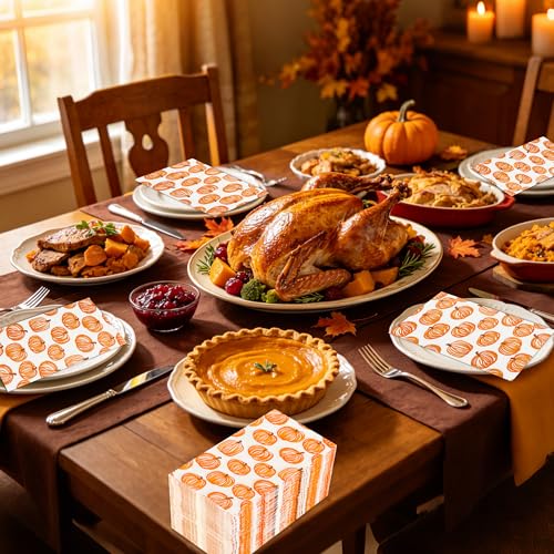 Pumpkin Autumn Fall Disposable Paper Napkins - 100 Pack, 3-Ply, Line-Art Design