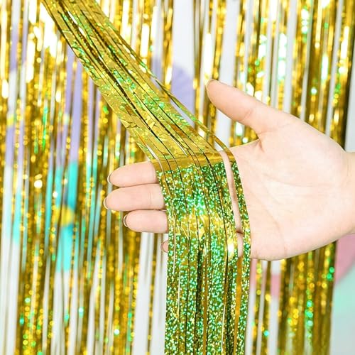 Gold Tinsel Foil Fringe Curtains - 2 Pack, 3.28 ft x 6.6 ft Party Backdrop