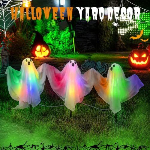 3 Pack Halloween Ghost Stake Pathway Lights Colorful Glowing Ghost Decor - Remote & Timer