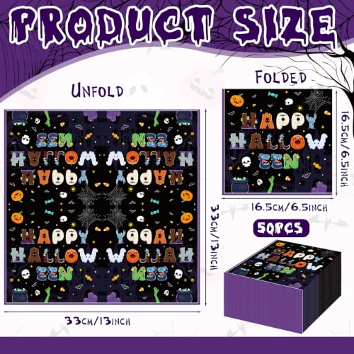 Black Halloween Napkins 50 Pack - Cute Monster & Pumpkin Party Table Decor Variation