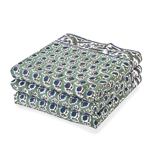 Ridhi Basil Green Hand Block Print Cotton Kitchen Towels Set - 16x28 Inch, Pack of 3