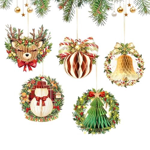 Christmas Honeycomb Ornaments Set - Red Green Gold Holiday Decorations for Home & Class