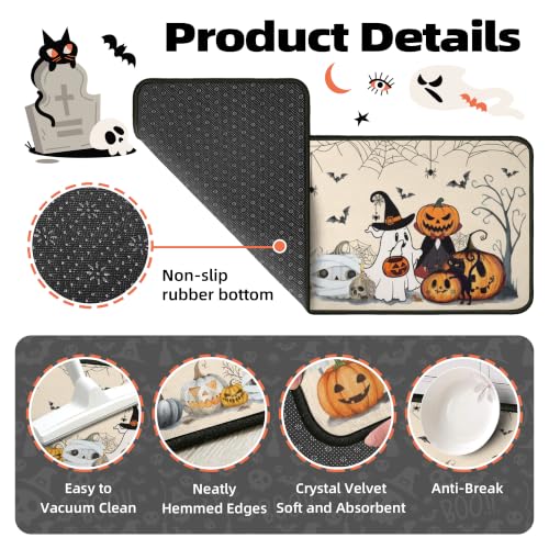 Beige 2-Piece Halloween Kitchen Rugs Set - Bat & Pumpkin Non-Slip Washable Floor Mats