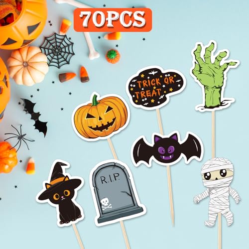 Halloween Cupcake Toppers 70 pcs Spooky Haunted House Fruit Cake Decorations - Variation: Halloween