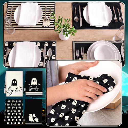 Halloween Kitchen Decor Set with Ghost Theme - 16 Pcs including Towels Rugs & More - Cute Ghost Variation