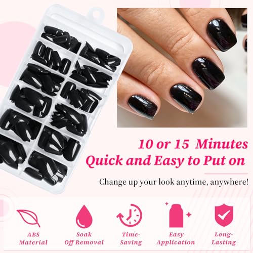 Black Square Press On Nails Short Fake Nails with Glue & Tools - 240pcs