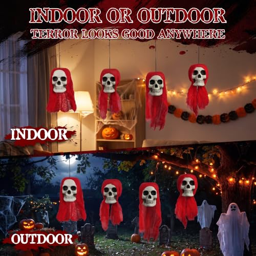 Large 4 Piece Hanging Skull Heads Halloween Decorations on String - Creepy Outdoor Graveyard Decor