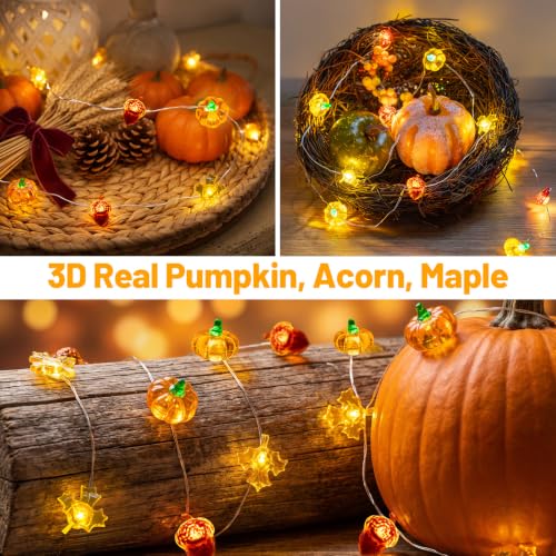 Orange Pumpkin with Maple & Acorn Halloween Lights - 40 LED Battery-Operated with Timer & Remote