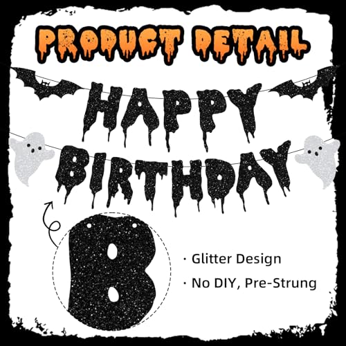 Halloween Birthday Banner Set - Glitter Paper Garland with Bats Skulls Ghosts