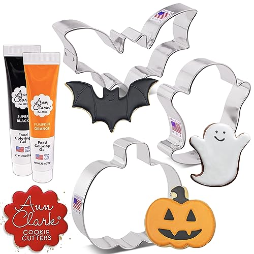 Halloween Cookie Cutter Set with Food Coloring Gel - Pumpkin Ghost Bat Shapes