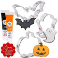 Halloween Cookie Cutter Set with Food Coloring Gel - Pumpkin Ghost Bat Shapes