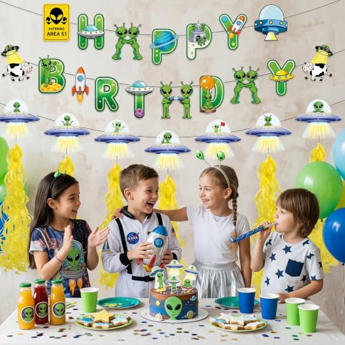 Alien Birthday Party Banner with Hanging Swirls - Space Themed Decorations