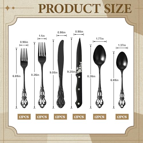 72-Piece Gothic Black Silverware Set for 12 - Flatware for Dinner Parties & Holidays with Royal Engravings