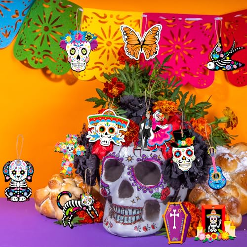 Day of the Dead Wooden Ornaments Set - Sugar Skull, Marigold & Cactus Decor, 36 Pieces