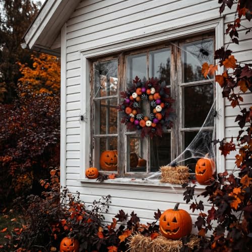 Halloween Ball Wreath for Front Door - 24 Inch Pumpkin Fall Door Decor - Black Variation