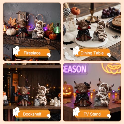 Halloween Highland Cow Decor Set - Resin Vampire & Mummy Figurines - Multicolor 10