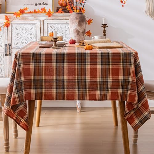 Plaid Fall Tablecloth Rectangle 60x120 Inch Rust - Premium Polyester Table Cover for Thanksgiving & Autumn