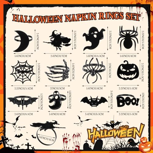 Halloween Napkin Rings Set - Black Ghost Skull Spider Web Bats Pumpkins - Spooky Table Decor
