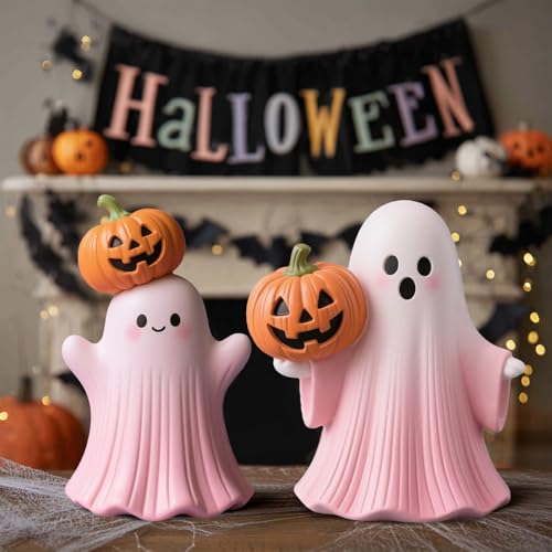Pink Halloween Ghost Figurine with Pumpkin Indoor Decor - LifeNest