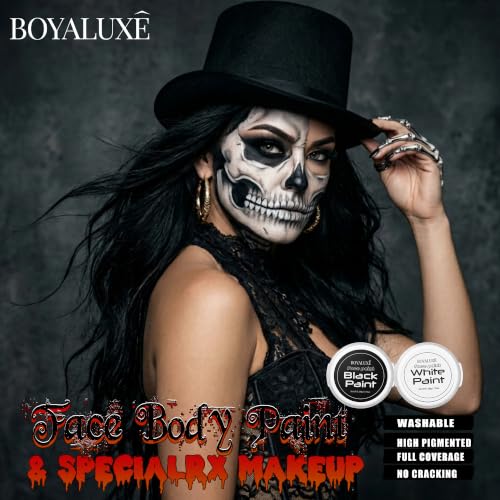 Black White Face Body Paint Kit with Brush - Waterproof Halloween Makeup - Variation: Black-White
